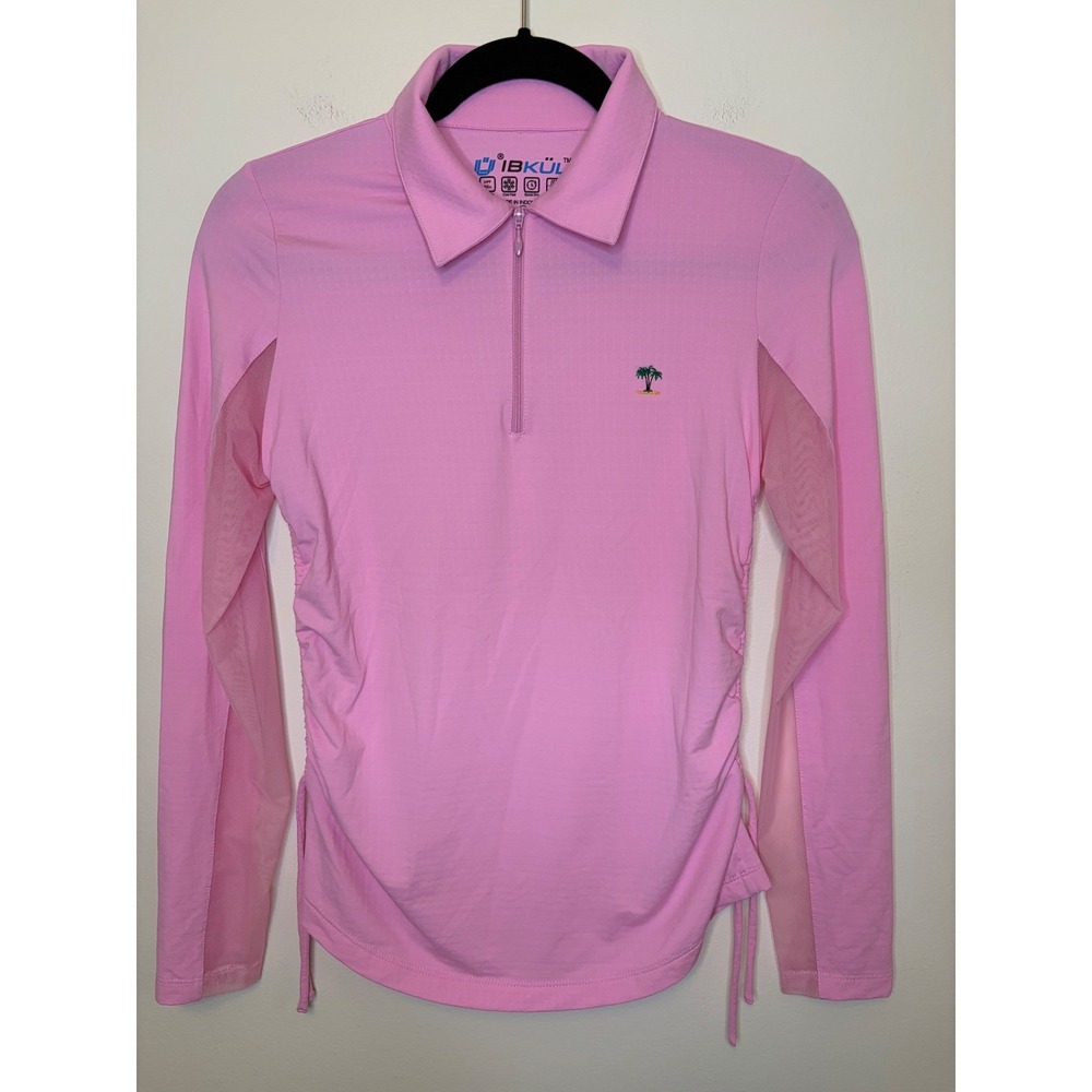 IBKUL Pink Long Sleeve UPF 50+ Sun Shirt Palm Tree Quarter Zip Ruched XS  Golf